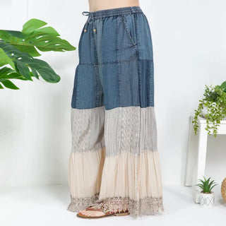 Young Threads - Boho-inspired Long Denim Pants With Solid Patch