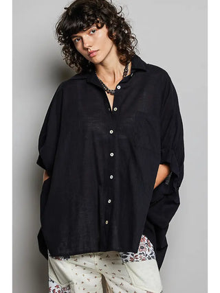 POL - Half Sleeve Cotton Roomy Fit Casual Shirt - Black