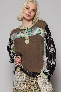 POL Round Neck Long Sleeve Floral Knit Top