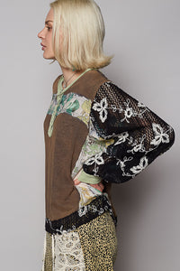 POL Round Neck Long Sleeve Floral Knit Top