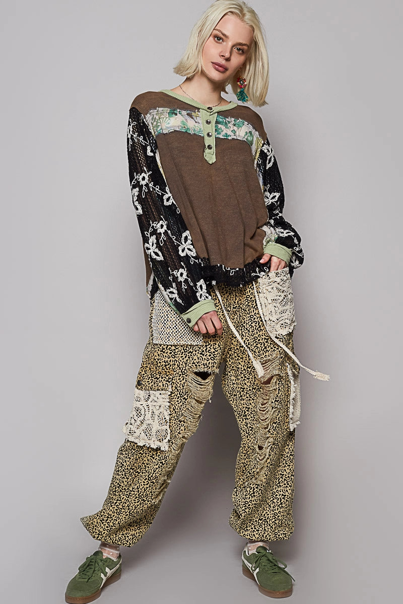 POL Round Neck Long Sleeve Floral Knit Top