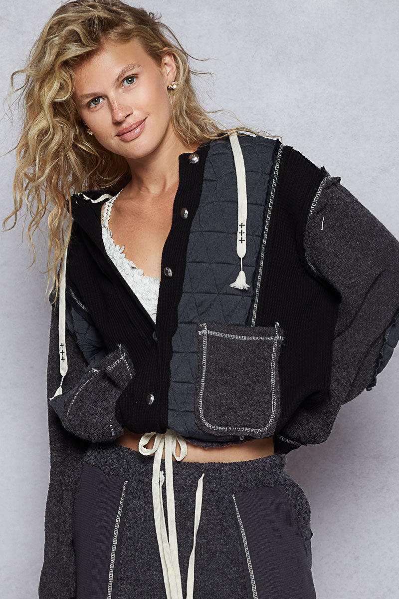POL Cut Sew Multi Fabric Hooded Combo Shacket
