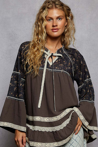POL 3/4 Flared Sleeve Double Gauze Patch Woven Top - Charcoal
