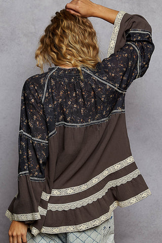 POL 3/4 Flared Sleeve Double Gauze Patch Woven Top - Charcoal