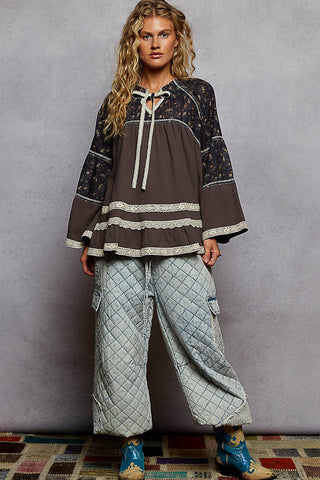 POL 3/4 Flared Sleeve Double Gauze Patch Woven Top - Charcoal