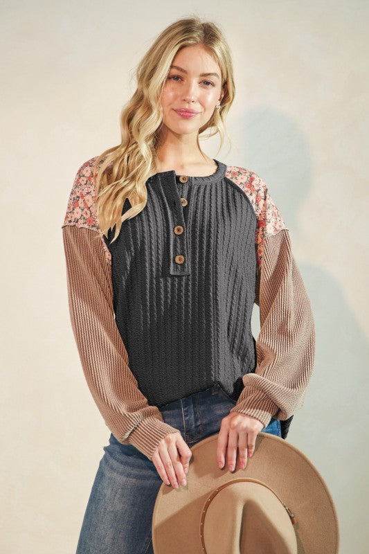 Heimish Long Sleeve Solid And Floral Contrast Top