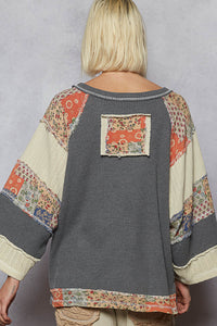 POL Round Neck Printed Peach Patch Overlock Stitch Knit Top