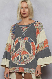 POL Round Neck Printed Peach Patch Overlock Stitch Knit Top