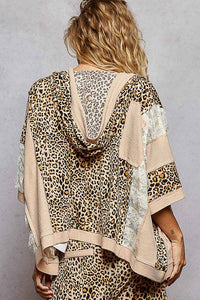 POL 3/4 Sleeve Lace Detail Leopard Zip Up Hoodie Knit Print Top