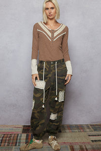 POL Long Sleeve Double Gauze Solid Knit Rib Top