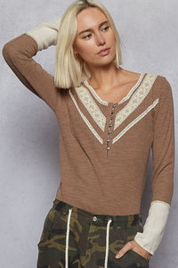 POL Long Sleeve Double Gauze Solid Knit Rib Top