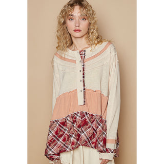 POL Round Neck Long Sleeve Contrast Solid Knit Top
