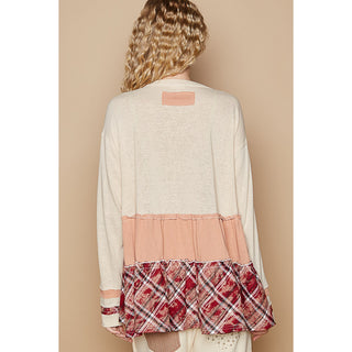POL Round Neck Long Sleeve Contrast Solid Knit Top