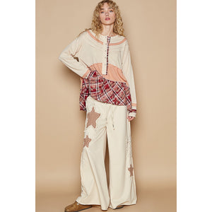 POL Round Neck Long Sleeve Contrast Solid Knit Top