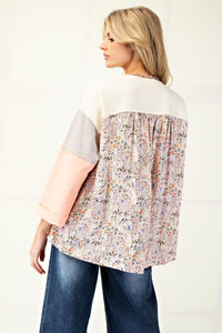 Easel Print Mix Color Block Terry Knit Henley Top