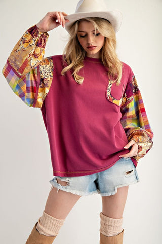 Easel Print Mix Soft Washed Cotton Knit Top - Cranberry