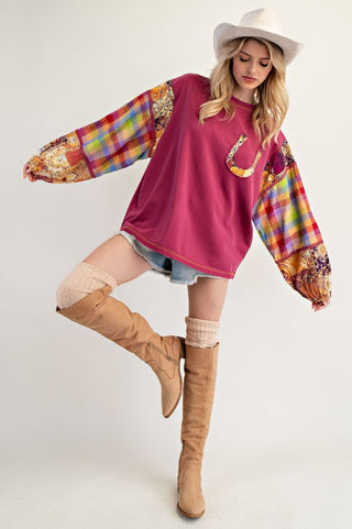 Easel Print Mix Soft Washed Cotton Knit Top - Cranberry