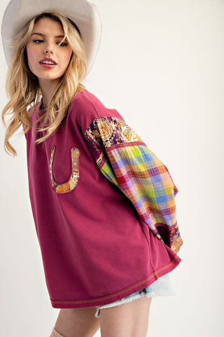 Easel Print Mix Soft Washed Cotton Knit Top - Cranberry