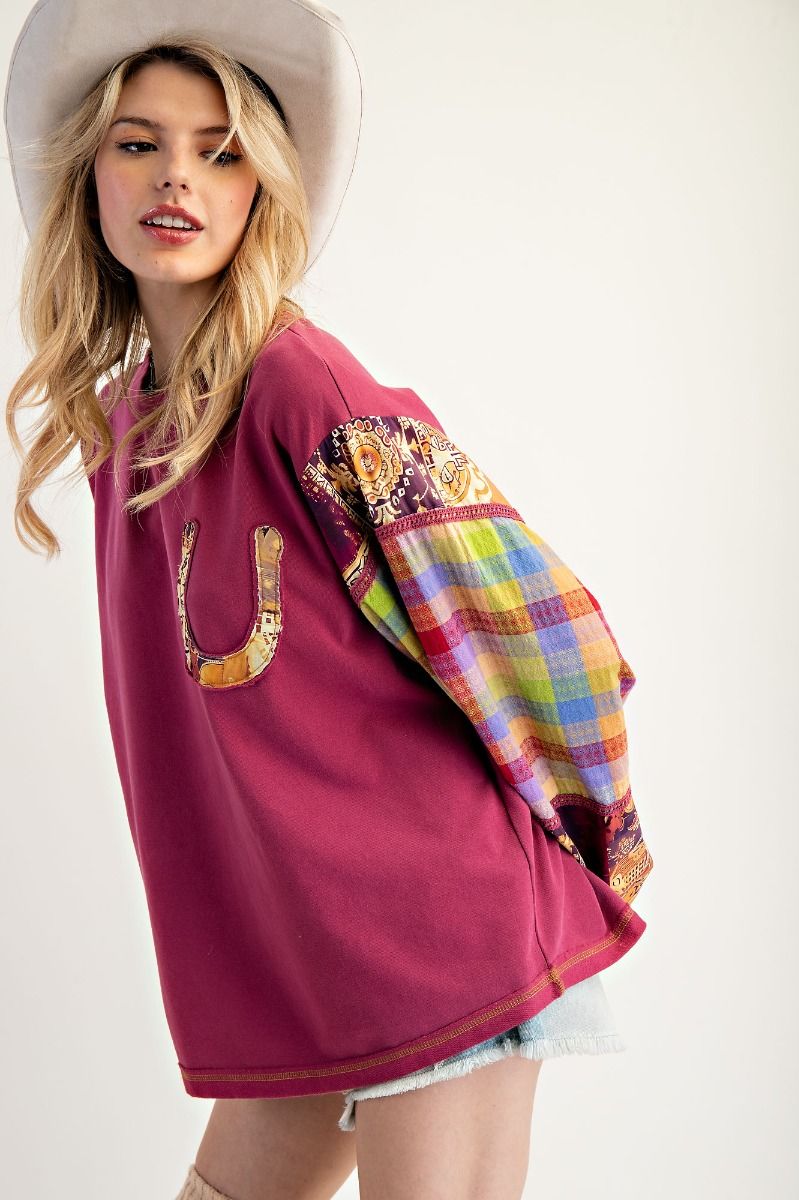 Easel Print Mix Soft Washed Cotton Knit Top