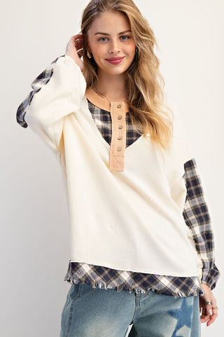 Easel Plaid Mix Washed Cotton Jersey Henley Top