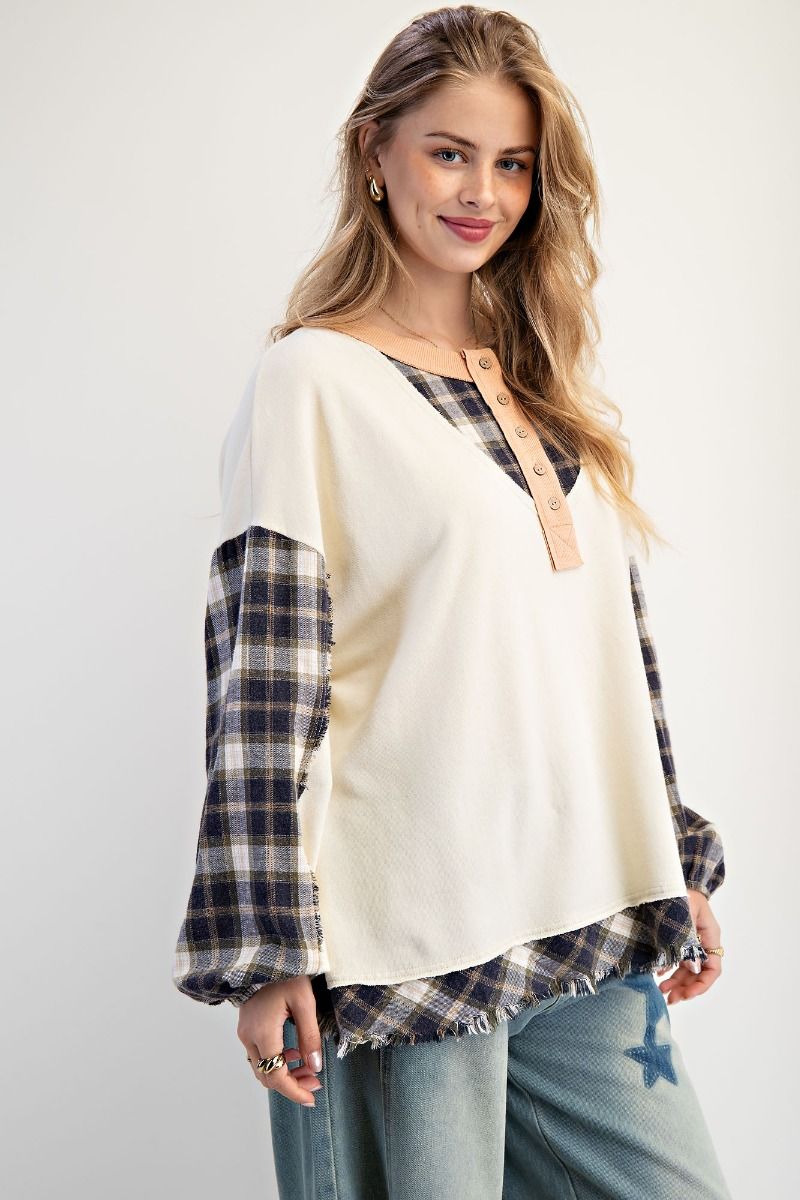 Easel Plaid Mix Washed Cotton Jersey Henley Top