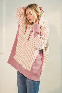 Heimish Long Sleeve Stripe And Solid Contrast Hoodie Top