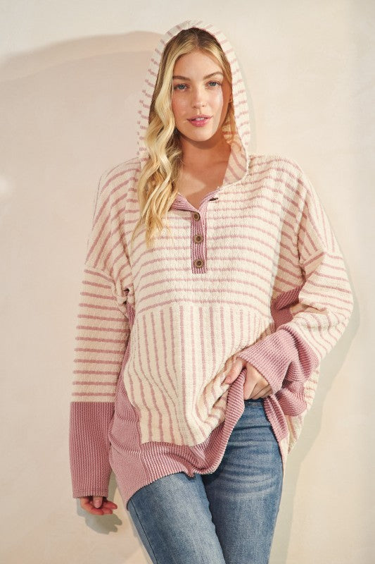 Heimish Long Sleeve Stripe And Solid Contrast Hoodie Top