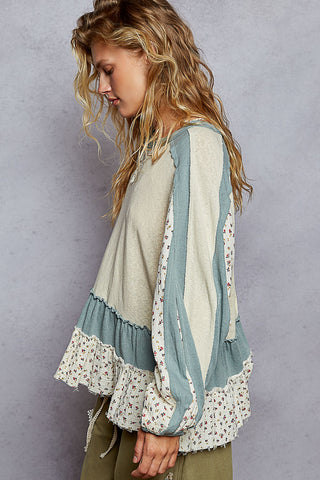 POL Round Neck Long Sleeve Double Gauze Ruffle Solid Top