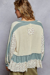 POL Round Neck Long Sleeve Double Gauze Ruffle Solid Top