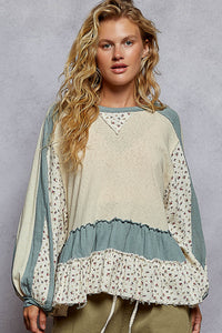 POL Round Neck Long Sleeve Double Gauze Ruffle Solid Top