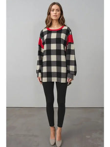 Heimish Long Sleeve Contrast Plaid And Solid Top
