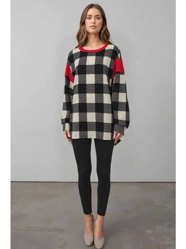 Heimish Long Sleeve Contrast Plaid And Solid Top