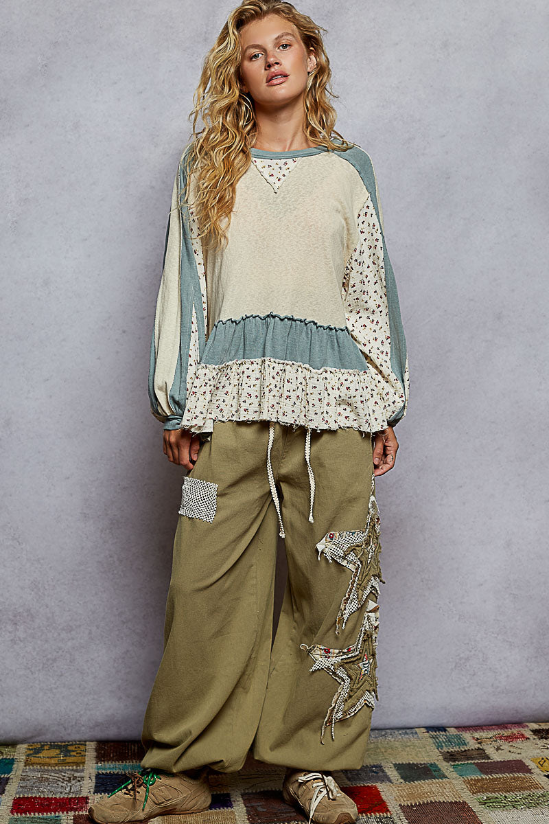 POL Round Neck Long Sleeve Double Gauze Ruffle Solid Top
