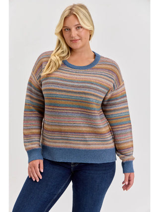 Be Cool Multi Color Striped Textured Sweater Top - Denim