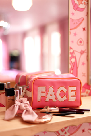 Jadelynn Brooke - Handle Cosmetic Bag- 'Face' Embroidered (Pink/Orange/Cream)