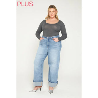 Mica Super High Rise Wide Leg Jeans with Cuffed Hem – Light Wash | Boutique Denim