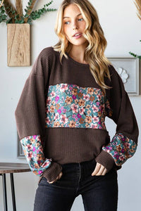 HEIMISH - LONG PUFF SLEEVE SOLID URBAN RIBBED AND FLORAL TOP