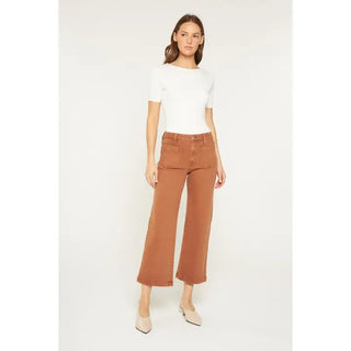 Mica Denim - High Rise Cropped Wide Leg with Patch Pkt - Baker's Brown
