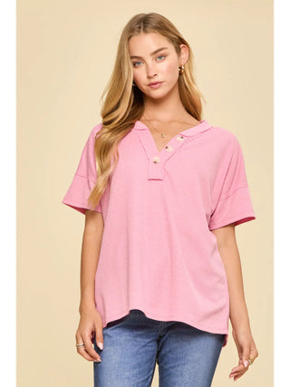 Andree by Unit Waffle Knit Henley Top - Blossom Pink