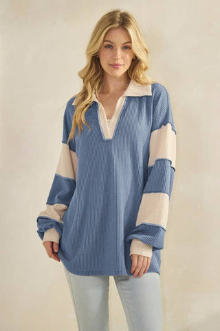 HEIMISH - LONG SLEEVE MANDARIN COLLAR SOLID CONTRAST TOP