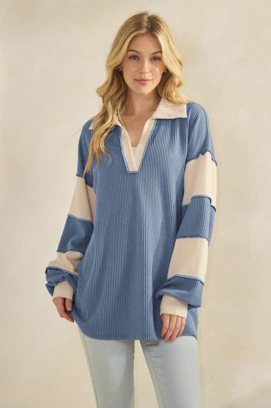 HEIMISH - LONG SLEEVE MANDARIN COLLAR SOLID CONTRAST TOP