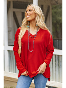 Curly Rib V Neck Long Sleeve Top