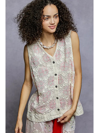 POL Embroidered Button-Front Sleeveless Top