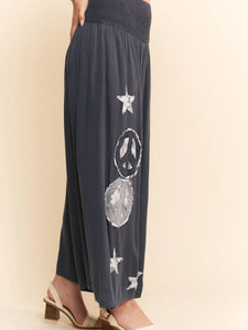 Davi & Dani Peace and Star Patchwork Leg Pants – 100% Rayon