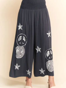 Davi & Dani Peace and Star Patchwork Leg Pants – 100% Rayon
