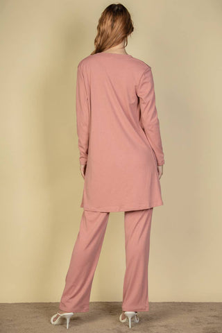 3 Piece Ribbed Lounge Set | Cardigan Tank Top Pants | Women's Matching Set- Rosewood