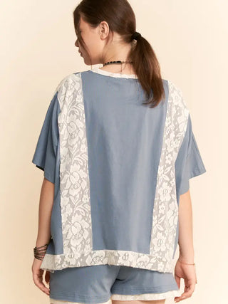 Davi & Dani - Blue Floral Patchwork Detail Short Sleeve Top