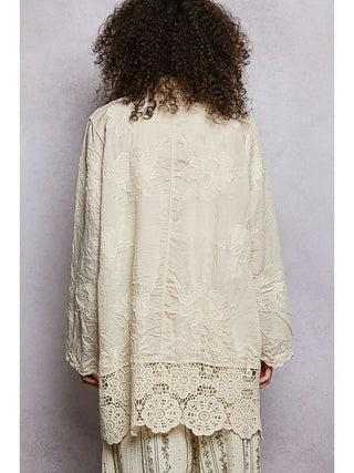 POL Lightweight Lace Boho Button-Down Kimono Shirt Natural
