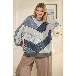 Oli & Hali Washed Denim Patch Fabric Mix Hoodie Top | Women’s Oversized Pullover