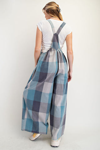 Easel Plaid Pattern Mineral Washed Overalls